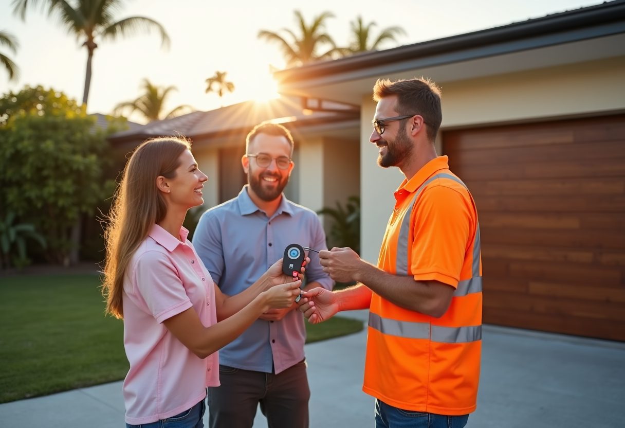 Technician handing over a garage remote at sunset — Parkwood